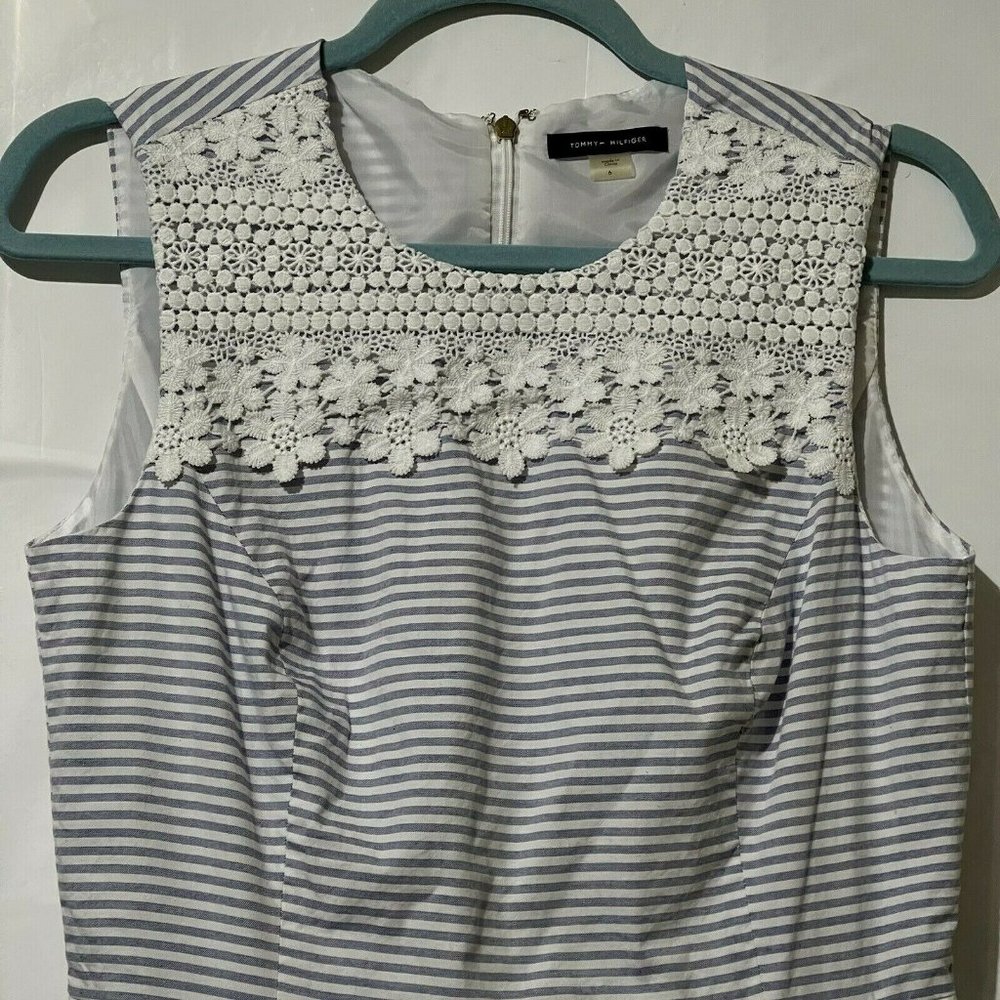 Tommy Hilfiger Women’s Size 6 Blue Striped Lace Sleeveless Lined Pleated Dress - Picture 3 of 10